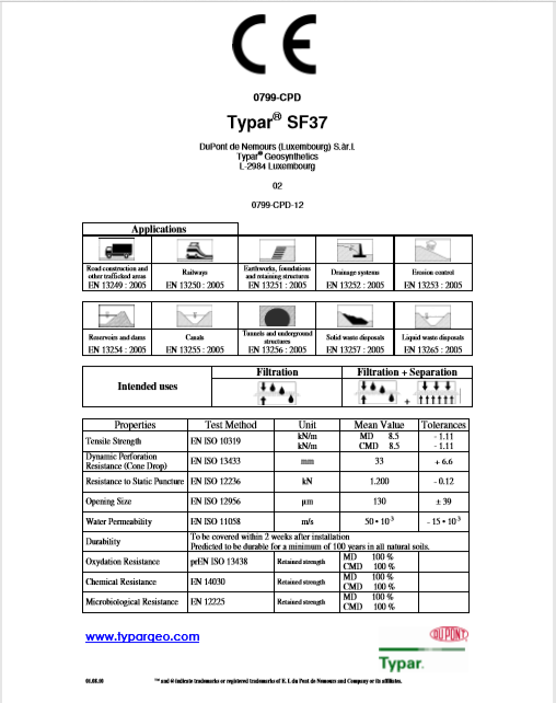 Typar GeoTextile - Applications, Intended Uses and Specifications